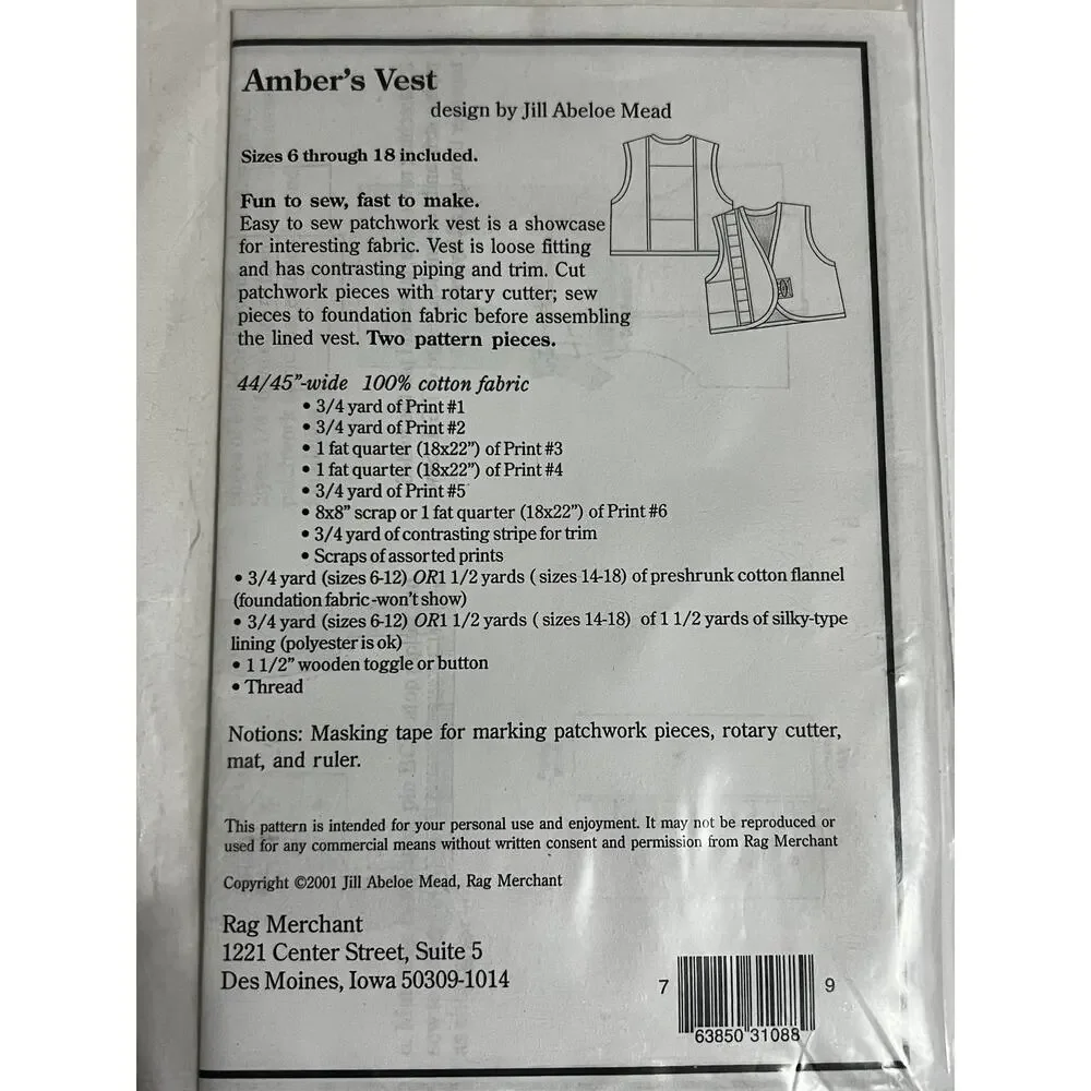 New Rag Merchant-AMBER VEST Pattern Sizes 6-16 Included - Picture 3 of 3